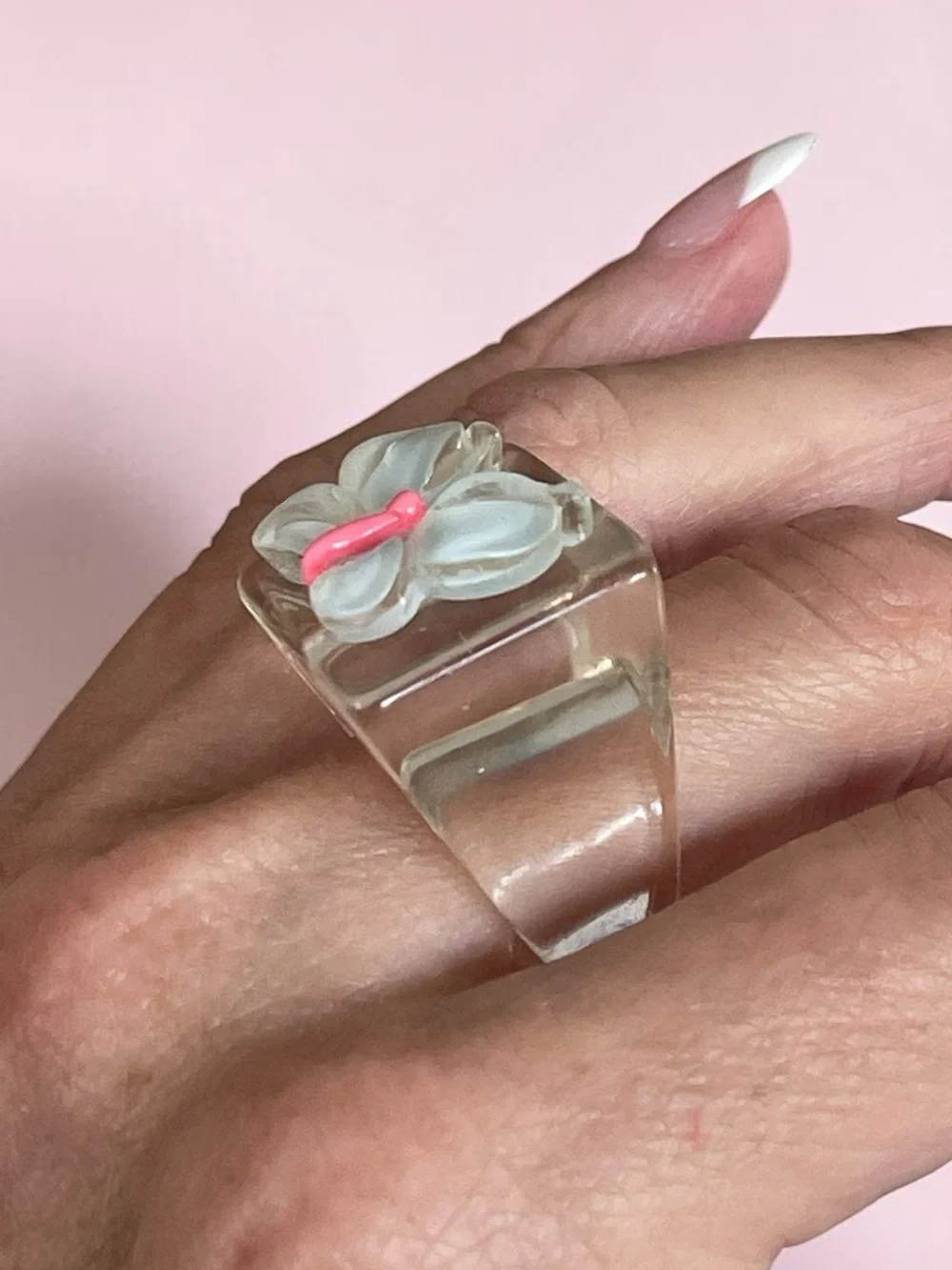 Clear Acrylic 3D Butterfly Statement Ring Lucite Style Size 8